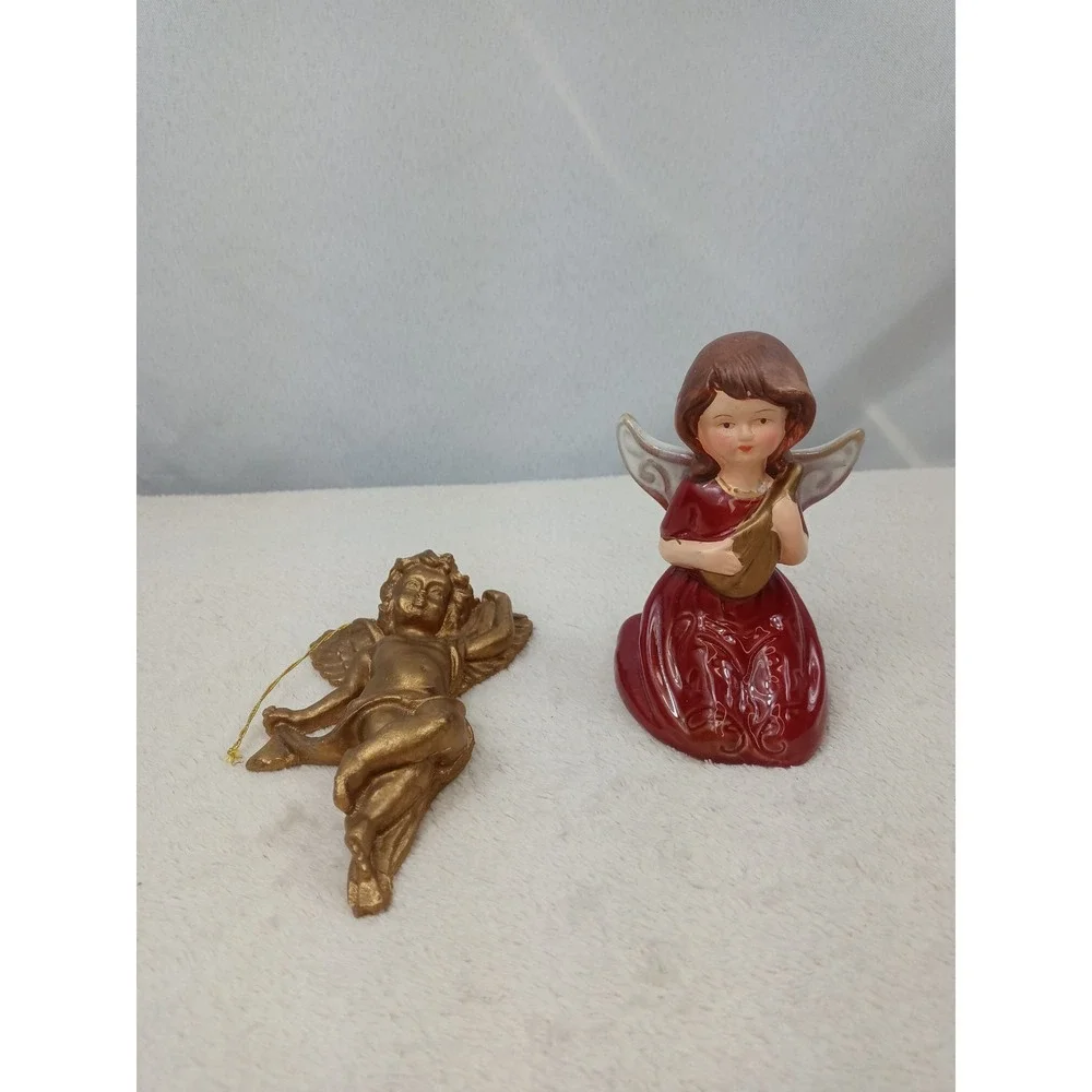 Angel Figurines Set of 2 Gold & Red Harp Hanging Christmas Holiday Decor‎